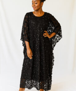 Applique Flower Kaftan Chiffon Black Sequence Dress | Free-Size 10 - 20 | 52” Length | Floral Women’s Dress”