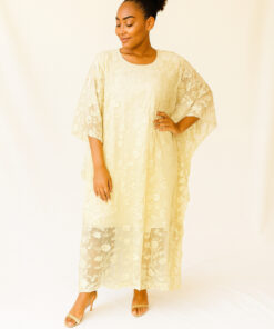 Applique Flower Kaftan Chiffon Cream Dress | Free-Size 10 - 20 | 55” Length | Floral Women’s Dress”