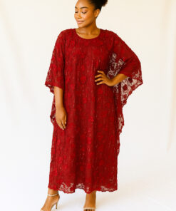 Applique Flower Kaftan Chiffon Red Dress | Free-Size 10 - 20 | 58” Length | Floral Women’s Dress”