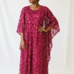 Applique Flower Kaftan Chiffon Pink Dress | Free-Size 10 - 20 | 52” Length | Floral Women’s Dress”