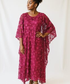 Applique Flower Kaftan Chiffon Pink Dress | Free-Size 10 - 20 | 52” Length | Floral Women’s Dress”