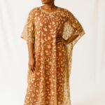 Applique Flower Kaftan Chiffon Peach Dress | Free-Size 10 - 20 | 62” Length | Floral Women’s Dress”