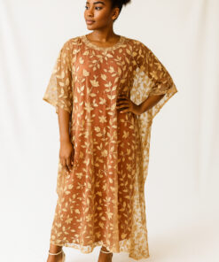 Applique Flower Kaftan Chiffon Peach Dress | Free-Size 10 - 20 | 62” Length | Floral Women’s Dress”