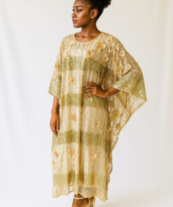 Applique Flower Kaftan Chiffon Gold Dress | Free-Size 10 - 20 | 59” Length | Floral Women’s Dress”
