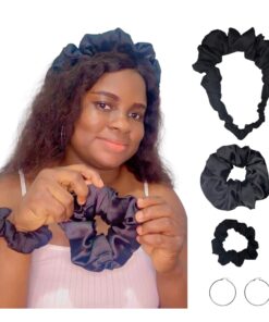 DeNob 4-in-1 Hair Set – Black Large Crown Ruffled Headband, Large Scrunchie, Mini Scrunchie, Headband and 50mm Hoop Earrings | Everyday Use, Gifts & Party Favors