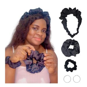 DeNob 4-in-1 Hair Set – Black Large Crown Ruffled Headband, Large Scrunchie, Mini Scrunchie, Headband and 50mm Hoop Earrings | Everyday Use, Gifts & Party Favors