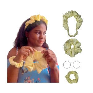 DeNob 4-in-1 Hair Set – Cream Large Crown Ruffled Headband, Large Scrunchie, Mini Scrunchie, Headband and 50mm Hoop Earrings | Everyday Use, Gifts & Party Favors