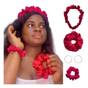 DeNob 4-in-1 Hair Set – Cherry Burgundy Large Crown Ruffled Headband , Large Scrunchie, Mini Scrunchie and 50mm Hoop silver Earrings | Everyday Use, Gifts & Party Favors