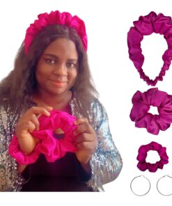 DeNob 4-in-1 Hair Set – Pink Large Crown Ruffled Headband, Large Scrunchie, Mini Scrunchie, Headband and 50mm Hoop Earrings | Everyday Use, Gifts & Party Favors