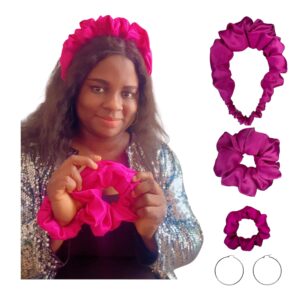DeNob 4-in-1 Hair Set – Pink Large Crown Ruffled Headband, Large Scrunchie, Mini Scrunchie, Headband and 50mm Hoop Earrings | Everyday Use, Gifts & Party Favors