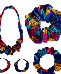 DeNob 4-in-1 Ankara Hair Accessories Set for Women & Girls – African Print XXL Scrunchie, Ruffled Headband, Mini Scrunchies & 50mm Hoop Earrings