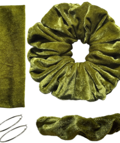 DeNob 4-in-1 Army Green Velvet Hair Scrunchie Set – Handmade XXL Scrunchie, Headband, Hair Clip Barrette & Free 50mm Silver Hoop Earrings