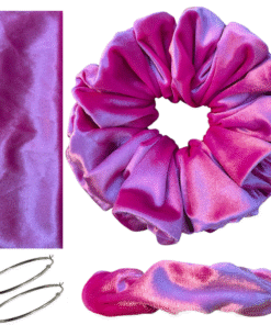 DeNob 4-in-1 Pink Velvet Hair Scrunchie Set – Handmade XXL Scrunchie, Headband, Hair Clip Barrette & Free 50mm Silver Hoop Earrings