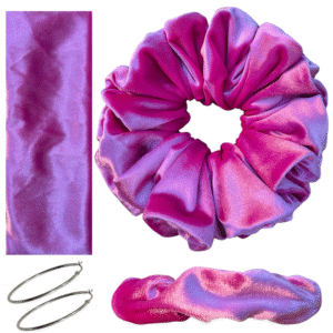 DeNob 4-in-1 Pink Velvet Hair Scrunchie Set – Handmade XXL Scrunchie, Headband, Hair Clip Barrette & Free 50mm Silver Hoop Earrings
