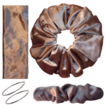 DeNob 4-in-1 Nude Brown Velvet Hair Scrunchie Set – Handmade XXL Scrunchie, Headband, Hair Clip Barrette & Free 50mm Silver Hoop Earrings