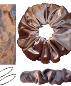 DeNob 4-in-1 Nude Brown Velvet Hair Scrunchie Set – Handmade XXL Scrunchie, Headband, Hair Clip Barrette & Free 50mm Silver Hoop Earrings