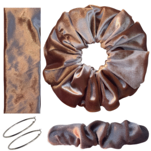 DeNob 4-in-1 Nude Brown Velvet Hair Scrunchie Set – Handmade XXL Scrunchie, Headband, Hair Clip Barrette & Free 50mm Silver Hoop Earrings