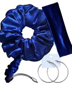 DeNob 4-in-1 Blue Velvet Hair Scrunchie Set – Handmade XXL Scrunchie, Headband, Barrette & Free 50mm Silver Hoop Earrings