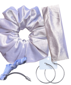 DeNob 4-in-1 White Velvet Hair Scrunchie Set – Handmade XXL Scrunchie, Headband, Hair Clip Barrette & Free 50mm Silver Hoop Earrings