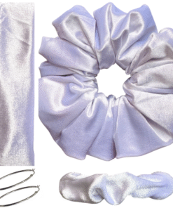 DeNob 4-in-1 White Velvet Hair Scrunchie Set – Handmade XXL Scrunchie, Headband, Hair Clip Barrette & Free 50mm Silver Hoop Earrings