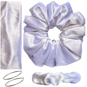 DeNob 4-in-1 White Velvet Hair Scrunchie Set – Handmade XXL Scrunchie, Headband, Hair Clip Barrette & Free 50mm Silver Hoop Earrings