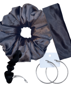 DeNob 4-in-1 Black Velvet Hair Scrunchie Set – Handmade XXL Scrunchie, Headband, Hair Clip Barrette & Free 50mm Silver Hoop Earrings