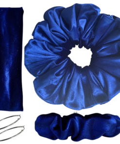 DeNob 4-in-1 Blue Velvet Hair Scrunchie Set – Handmade XXL Scrunchie, Headband, Barrette & Free 50mm Silver Hoop Earrings