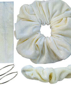 DeNob 4-in-1 Cream Velvet Hair Scrunchie Set – Handmade XXL Scrunchie, Headband, Hair Clip Barrette & Free 50mm Silver Hoop Earrings