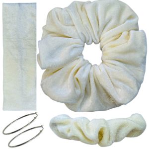 DeNob 4-in-1 Cream Velvet Hair Scrunchie Set – Handmade XXL Scrunchie, Headband, Hair Clip Barrette & Free 50mm Silver Hoop Earrings