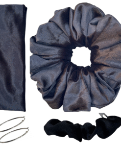 DeNob 4-in-1 Black Velvet Hair Scrunchie Set – Handmade XXL Scrunchie, Headband, Hair Clip Barrette & Free 50mm Silver Hoop Earrings