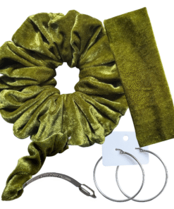 DeNob 4-in-1 Army Green Velvet Hair Scrunchie Set – Handmade XXL Scrunchie, Headband, Hair Clip Barrette & Free 50mm Silver Hoop Earrings