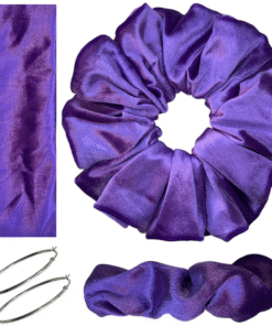 DeNob 4-in-1 Purple Velvet Hair Scrunchie Set – Handmade XXL Scrunchie, Headband, Hair Clip Barrette & Free 50mm Silver Hoop Earrings