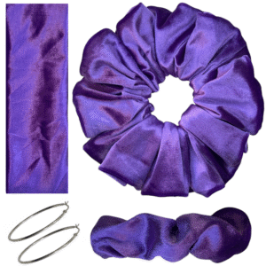 DeNob 4-in-1 Purple Velvet Hair Scrunchie Set – Handmade XXL Scrunchie, Headband, Hair Clip Barrette & Free 50mm Silver Hoop Earrings