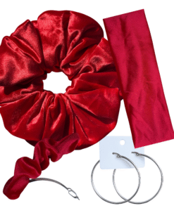 DeNob 4-in-1 Red Velvet Hair Scrunchie Set – Handmade XXL Scrunchie, Headband, Hair Clip Barrette & Free 50mm Silver Hoop Earrings
