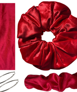 DeNob 4-in-1 Red Velvet Hair Scrunchie Set – Handmade XXL Scrunchie, Headband, Hair Clip Barrette & Free 50mm Silver Hoop Earrings