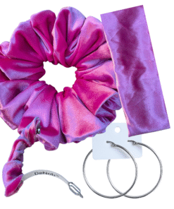 DeNob 4-in-1 Pink Velvet Hair Scrunchie Set – Handmade XXL Scrunchie, Headband, Hair Clip Barrette & Free 50mm Silver Hoop Earrings