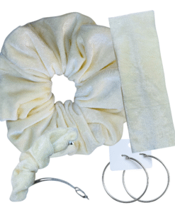 DeNob 4-in-1 Cream Velvet Hair Scrunchie Set – Handmade XXL Scrunchie, Headband, Hair Clip Barrette & Free 50mm Silver Hoop Earrings