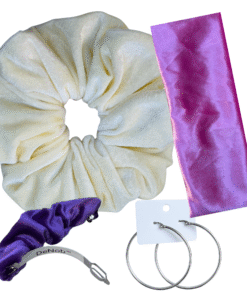 DeNob 4-in-1 Pink MIX Velvet Hair Scrunchie Set – Handmade XXL Scrunchie, Headband, Hair Clip Barrette & Free 50mm Silver Hoop Earrings