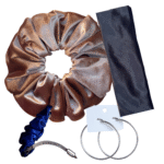 DeNob 4-in-1 Black MIX Velvet Hair Scrunchie Set – Handmade XXL Scrunchie, Headband, Hair Clip Barrette & Free 50mm Silver Hoop Earrings