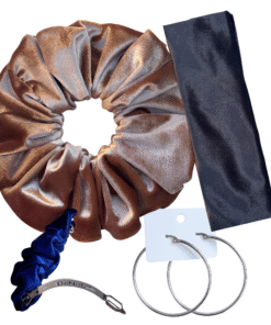 DeNob 4-in-1 Black MIX Velvet Hair Scrunchie Set – Handmade XXL Scrunchie, Headband, Hair Clip Barrette & Free 50mm Silver Hoop Earrings
