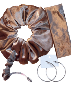 DeNob 4-in-1 Nude Brown Velvet Hair Scrunchie Set – Handmade XXL Scrunchie, Headband, Hair Clip Barrette & Free 50mm Silver Hoop Earrings
