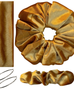 DeNob 4-in-1 Gold Velvet Hair Scrunchie Set – Handmade XXL Scrunchie, Headband, Hair Clip Barrette & Free 50mm Silver Hoop Earrings