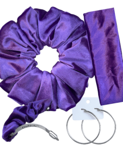DeNob 4-in-1 Purple Velvet Hair Scrunchie Set – Handmade XXL Scrunchie, Headband, Hair Clip Barrette & Free 50mm Silver Hoop Earrings