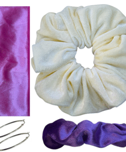 DeNob 4-in-1 Pink MIX Velvet Hair Scrunchie Set – Handmade XXL Scrunchie, Headband, Hair Clip Barrette & Free 50mm Silver Hoop Earrings