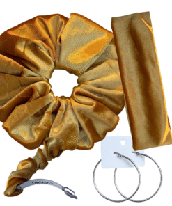 DeNob 4-in-1 Gold Velvet Hair Scrunchie Set – Handmade XXL Scrunchie, Headband, Hair Clip Barrette & Free 50mm Silver Hoop Earrings