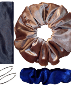DeNob 4-in-1 Black MIX Velvet Hair Scrunchie Set – Handmade XXL Scrunchie, Headband, Hair Clip Barrette & Free 50mm Silver Hoop Earrings