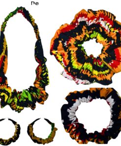 DeNob 4‑in‑1 Ankara Hair Accessories Set – XXL Scrunchie, Large Ruffled Headband, Mini Scrunchies & Matching 50 mm Hoop Earrings – African Print Hair Set for Women & Girls