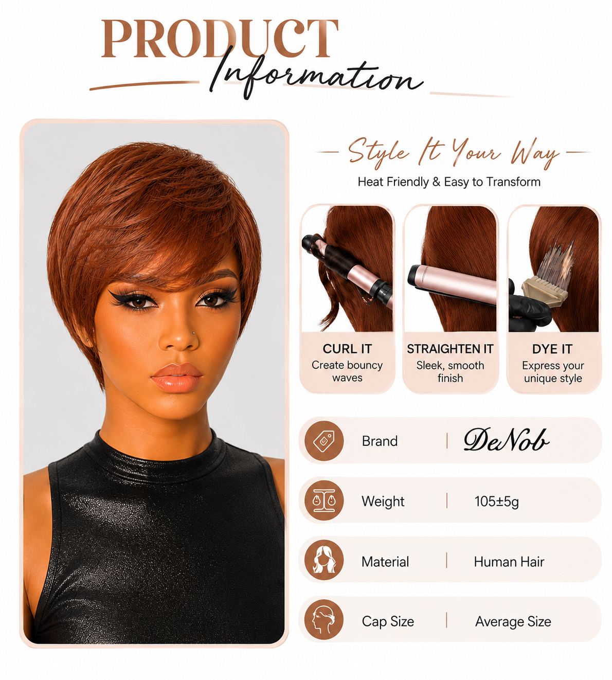 Glue less Pixie Cut Wig 100% Human Hair color 33 (Dark Auburn) - Image 3