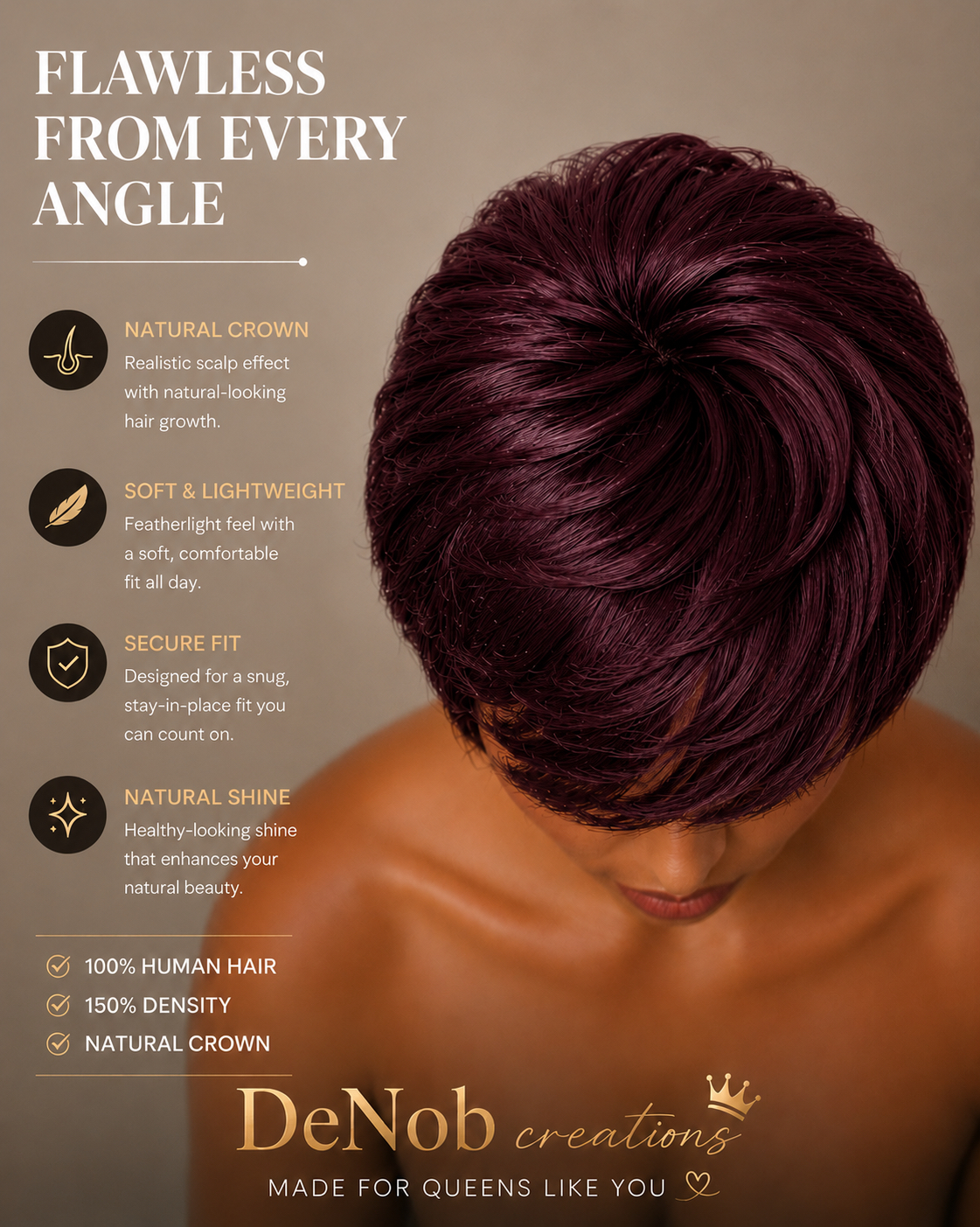 Glue less Pixie Cut Wig 100% Human Hair color 530 Burgundy - Image 4