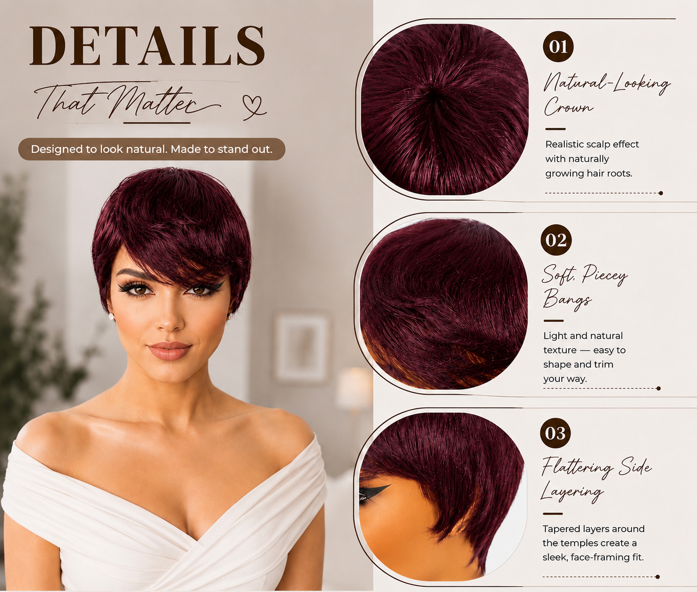 Glue less Pixie Cut Wig 100% Human Hair color 530 Burgundy - Image 2
